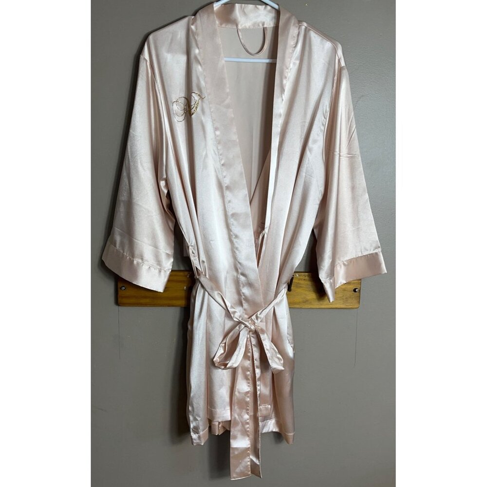 Glam Satin Robe Blush Peach Kimono Boudoir Feminine Intimates Sleep Bath Womens - Picture 2 of 8